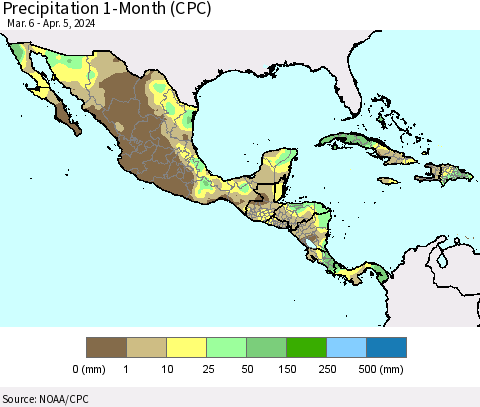 Mexico Central America and the Caribbean Precipitation 1-Month (CPC) Thematic Map For 3/6/2024 - 4/5/2024