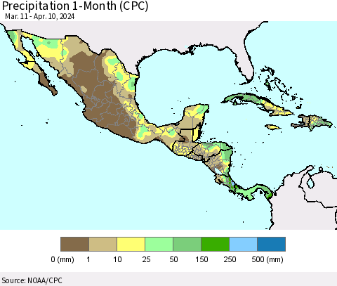 Mexico Central America and the Caribbean Precipitation 1-Month (CPC) Thematic Map For 3/11/2024 - 4/10/2024
