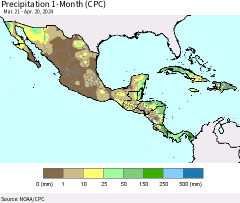 Mexico Central America and the Caribbean Precipitation 1-Month (CPC) Thematic Map For 3/21/2024 - 4/20/2024