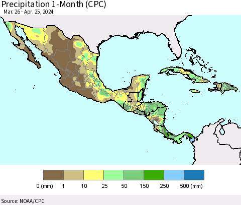 Mexico Central America and the Caribbean Precipitation 1-Month (CPC) Thematic Map For 3/26/2024 - 4/25/2024