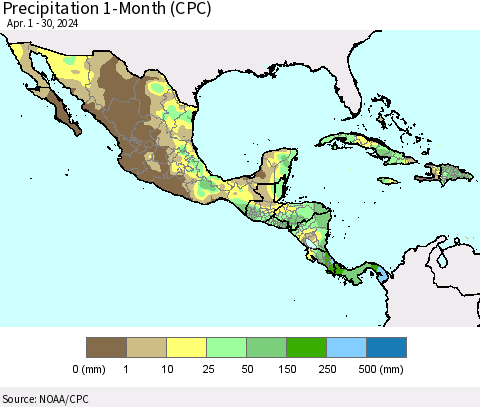Mexico Central America and the Caribbean Precipitation 1-Month (CPC) Thematic Map For 4/1/2024 - 4/30/2024