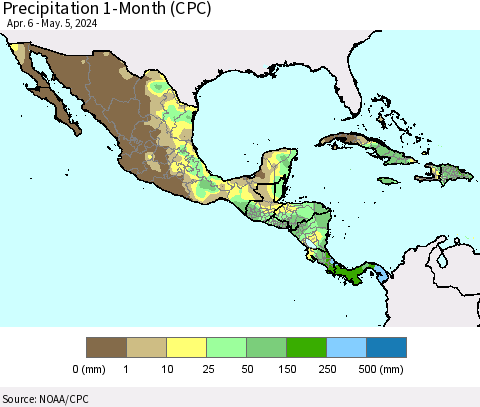 Mexico Central America and the Caribbean Precipitation 1-Month (CPC) Thematic Map For 4/6/2024 - 5/5/2024