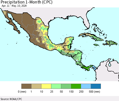 Mexico Central America and the Caribbean Precipitation 1-Month (CPC) Thematic Map For 4/11/2024 - 5/10/2024