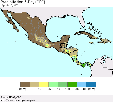 Mexico Central America and the Caribbean Precipitation 5-Day (CPC) Thematic Map For 4/6/2021 - 4/10/2021