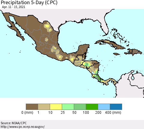 Mexico Central America and the Caribbean Precipitation 5-Day (CPC) Thematic Map For 4/11/2021 - 4/15/2021