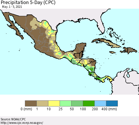 Mexico Central America and the Caribbean Precipitation 5-Day (CPC) Thematic Map For 5/1/2021 - 5/5/2021