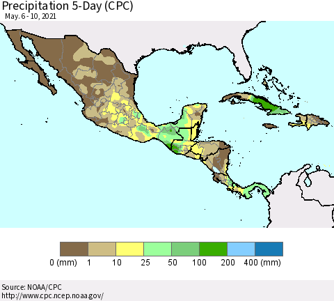 Mexico Central America and the Caribbean Precipitation 5-Day (CPC) Thematic Map For 5/6/2021 - 5/10/2021