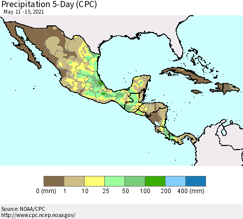 Mexico Central America and the Caribbean Precipitation 5-Day (CPC) Thematic Map For 5/11/2021 - 5/15/2021