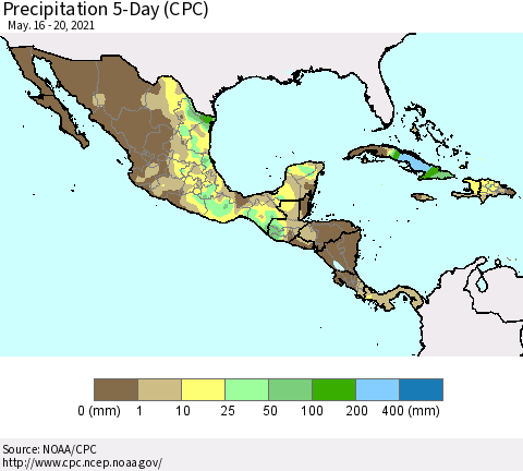 Mexico Central America and the Caribbean Precipitation 5-Day (CPC) Thematic Map For 5/16/2021 - 5/20/2021