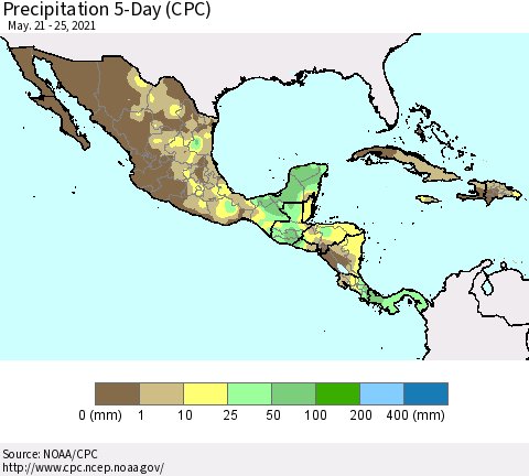 Mexico Central America and the Caribbean Precipitation 5-Day (CPC) Thematic Map For 5/21/2021 - 5/25/2021
