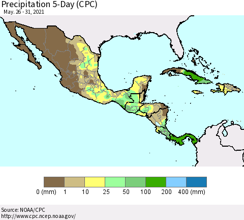 Mexico Central America and the Caribbean Precipitation 5-Day (CPC) Thematic Map For 5/26/2021 - 5/31/2021