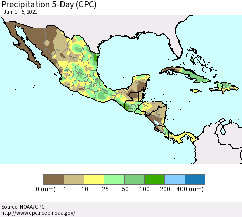 Mexico Central America and the Caribbean Precipitation 5-Day (CPC) Thematic Map For 6/1/2021 - 6/5/2021