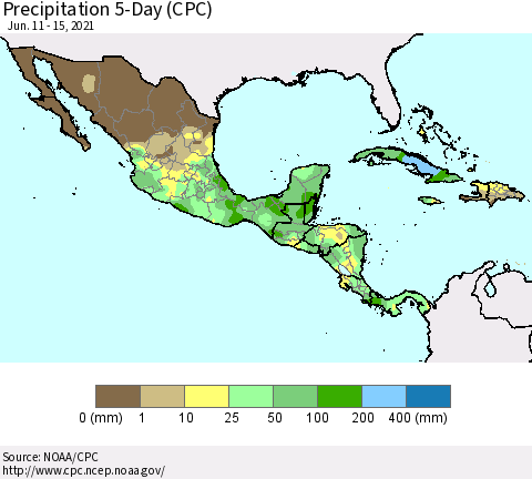 Mexico Central America and the Caribbean Precipitation 5-Day (CPC) Thematic Map For 6/11/2021 - 6/15/2021
