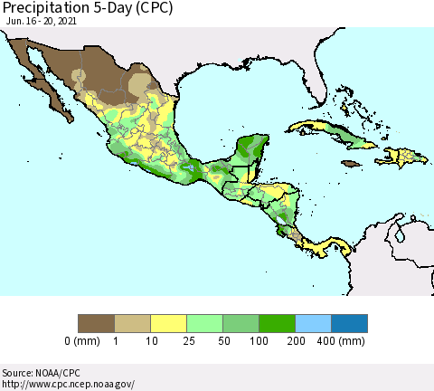 Mexico Central America and the Caribbean Precipitation 5-Day (CPC) Thematic Map For 6/16/2021 - 6/20/2021
