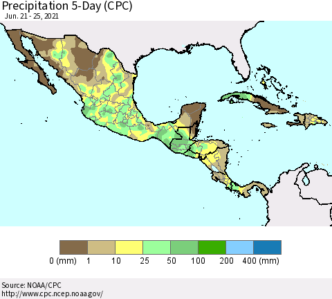 Mexico Central America and the Caribbean Precipitation 5-Day (CPC) Thematic Map For 6/21/2021 - 6/25/2021