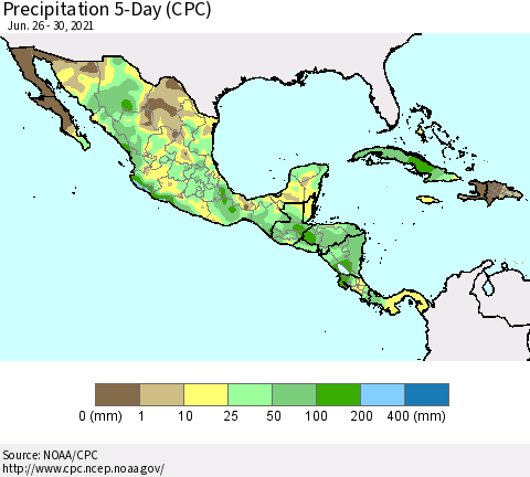 Mexico Central America and the Caribbean Precipitation 5-Day (CPC) Thematic Map For 6/26/2021 - 6/30/2021