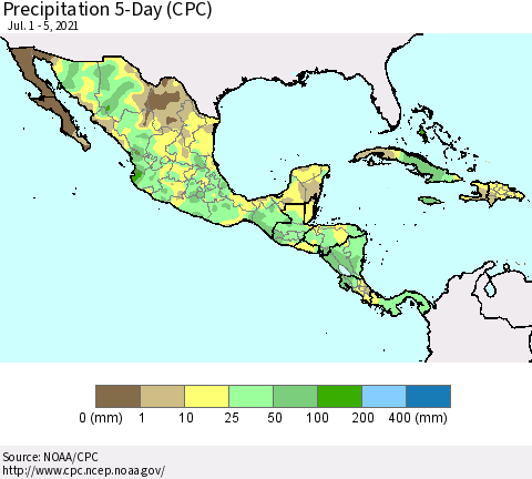 Mexico Central America and the Caribbean Precipitation 5-Day (CPC) Thematic Map For 7/1/2021 - 7/5/2021