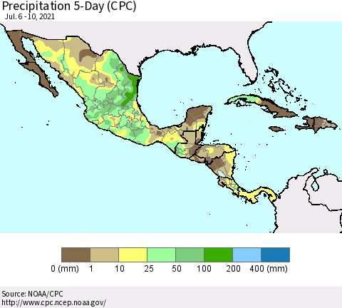 Mexico Central America and the Caribbean Precipitation 5-Day (CPC) Thematic Map For 7/6/2021 - 7/10/2021