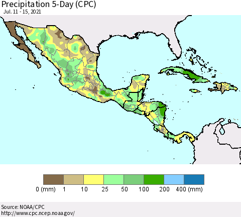 Mexico Central America and the Caribbean Precipitation 5-Day (CPC) Thematic Map For 7/11/2021 - 7/15/2021