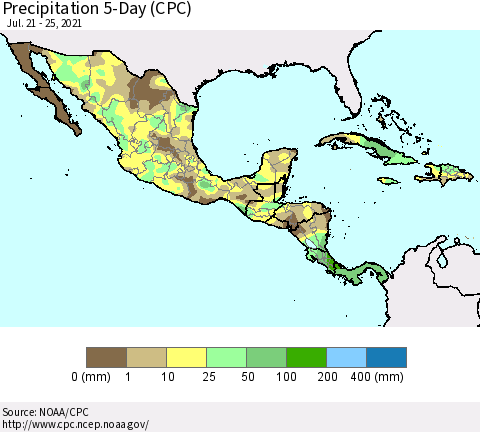 Mexico Central America and the Caribbean Precipitation 5-Day (CPC) Thematic Map For 7/21/2021 - 7/25/2021
