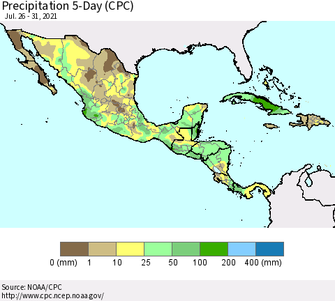 Mexico Central America and the Caribbean Precipitation 5-Day (CPC) Thematic Map For 7/26/2021 - 7/31/2021