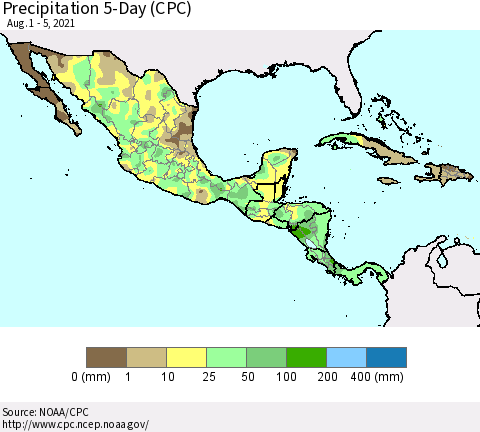 Mexico Central America and the Caribbean Precipitation 5-Day (CPC) Thematic Map For 8/1/2021 - 8/5/2021