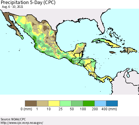 Mexico Central America and the Caribbean Precipitation 5-Day (CPC) Thematic Map For 8/6/2021 - 8/10/2021