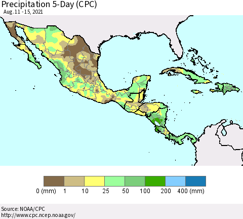 Mexico Central America and the Caribbean Precipitation 5-Day (CPC) Thematic Map For 8/11/2021 - 8/15/2021