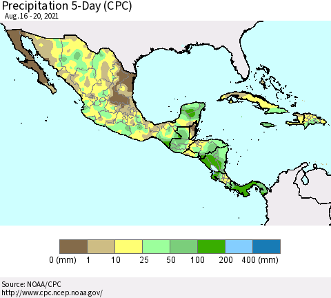 Mexico Central America and the Caribbean Precipitation 5-Day (CPC) Thematic Map For 8/16/2021 - 8/20/2021