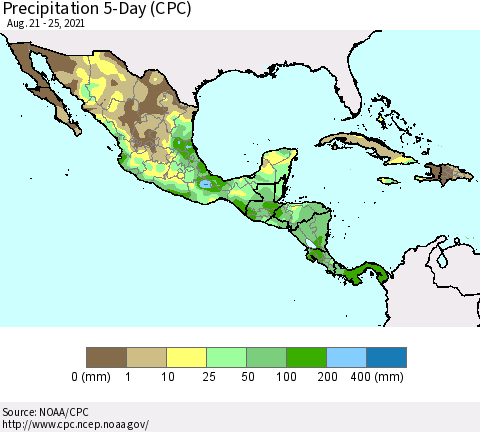 Mexico Central America and the Caribbean Precipitation 5-Day (CPC) Thematic Map For 8/21/2021 - 8/25/2021