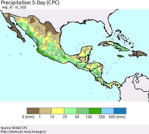 Mexico Central America and the Caribbean Precipitation 5-Day (CPC) Thematic Map For 8/26/2021 - 8/31/2021