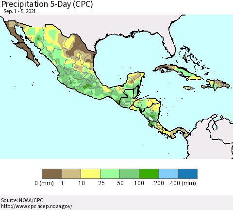 Mexico Central America and the Caribbean Precipitation 5-Day (CPC) Thematic Map For 9/1/2021 - 9/5/2021