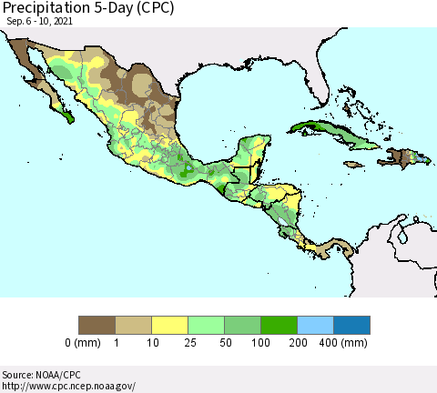 Mexico Central America and the Caribbean Precipitation 5-Day (CPC) Thematic Map For 9/6/2021 - 9/10/2021