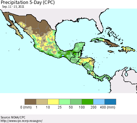 Mexico Central America and the Caribbean Precipitation 5-Day (CPC) Thematic Map For 9/11/2021 - 9/15/2021