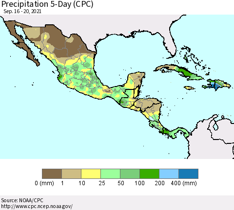 Mexico Central America and the Caribbean Precipitation 5-Day (CPC) Thematic Map For 9/16/2021 - 9/20/2021