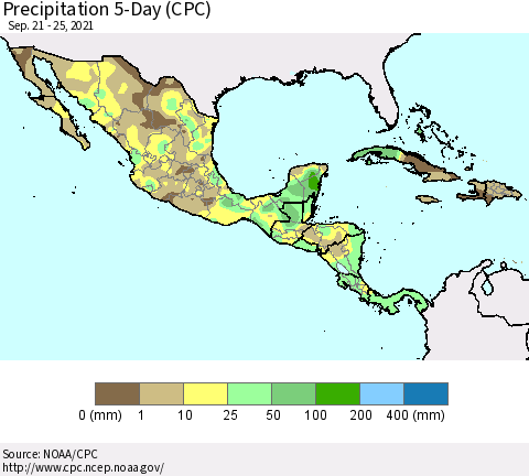Mexico Central America and the Caribbean Precipitation 5-Day (CPC) Thematic Map For 9/21/2021 - 9/25/2021