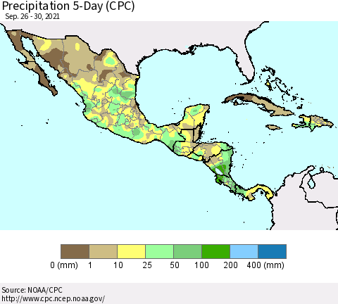 Mexico Central America and the Caribbean Precipitation 5-Day (CPC) Thematic Map For 9/26/2021 - 9/30/2021
