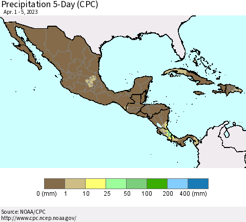 Mexico Central America and the Caribbean Precipitation 5-Day (CPC) Thematic Map For 4/1/2023 - 4/5/2023