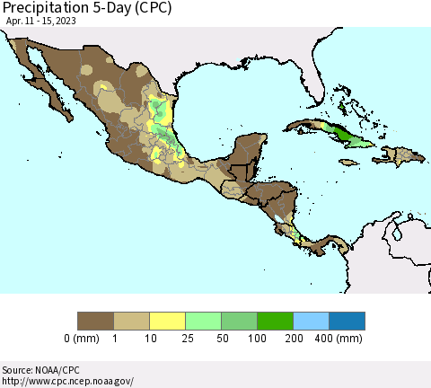 Mexico Central America and the Caribbean Precipitation 5-Day (CPC) Thematic Map For 4/11/2023 - 4/15/2023