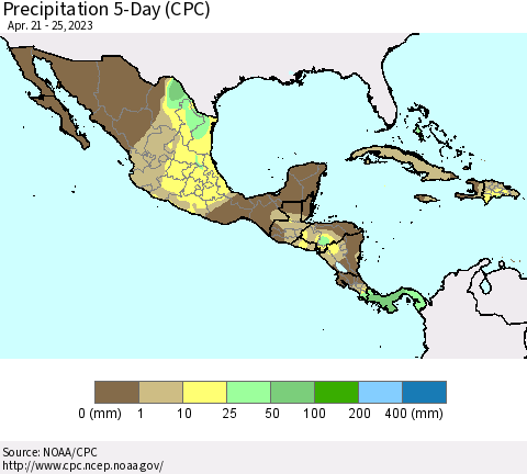 Mexico Central America and the Caribbean Precipitation 5-Day (CPC) Thematic Map For 4/21/2023 - 4/25/2023
