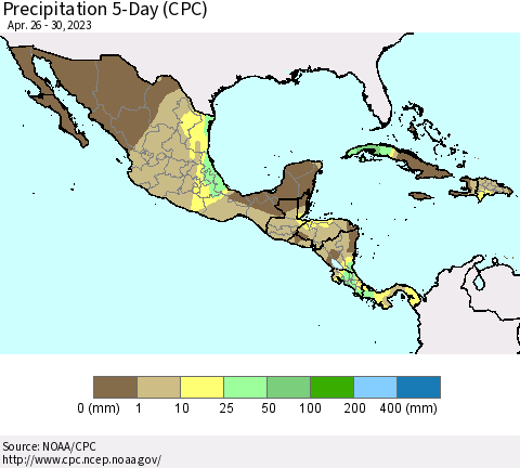 Mexico Central America and the Caribbean Precipitation 5-Day (CPC) Thematic Map For 4/26/2023 - 4/30/2023