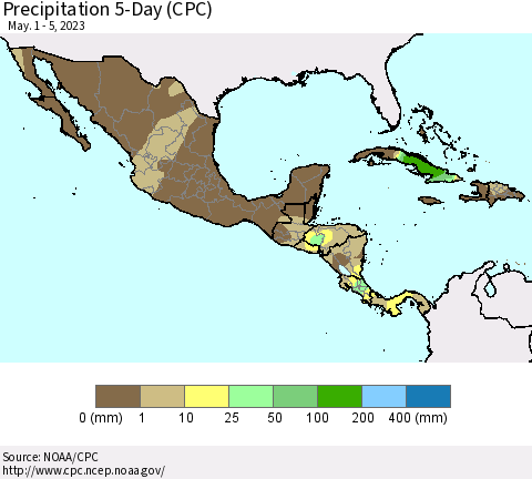 Mexico Central America and the Caribbean Precipitation 5-Day (CPC) Thematic Map For 5/1/2023 - 5/5/2023