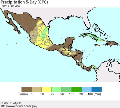 Mexico Central America and the Caribbean Precipitation 5-Day (CPC) Thematic Map For 5/6/2023 - 5/10/2023