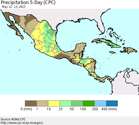 Mexico Central America and the Caribbean Precipitation 5-Day (CPC) Thematic Map For 5/11/2023 - 5/15/2023
