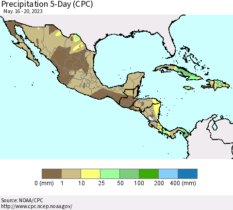 Mexico Central America and the Caribbean Precipitation 5-Day (CPC) Thematic Map For 5/16/2023 - 5/20/2023
