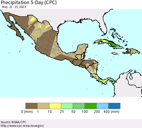 Mexico Central America and the Caribbean Precipitation 5-Day (CPC) Thematic Map For 5/21/2023 - 5/25/2023
