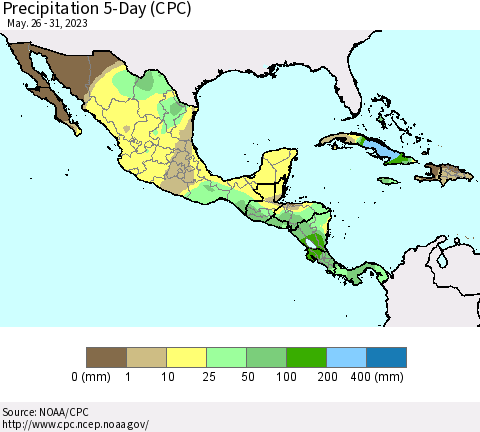 Mexico Central America and the Caribbean Precipitation 5-Day (CPC) Thematic Map For 5/26/2023 - 5/31/2023