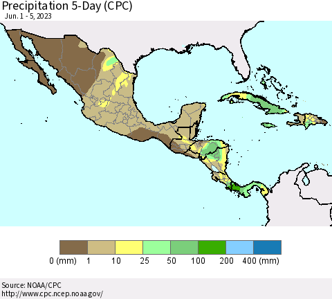 Mexico Central America and the Caribbean Precipitation 5-Day (CPC) Thematic Map For 6/1/2023 - 6/5/2023
