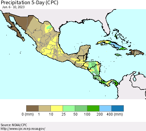 Mexico Central America and the Caribbean Precipitation 5-Day (CPC) Thematic Map For 6/6/2023 - 6/10/2023