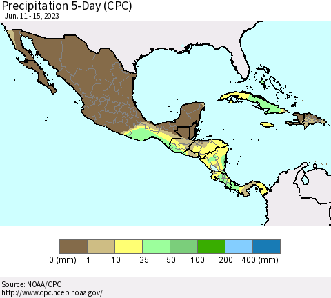 Mexico Central America and the Caribbean Precipitation 5-Day (CPC) Thematic Map For 6/11/2023 - 6/15/2023